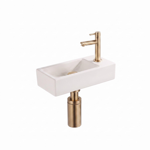 Saniclass Fuente Fonteinset - 40x22x10cm - solid surface off-white - afvoerplug - fonteinkraan - sifon - geborsteld messing SW1587195