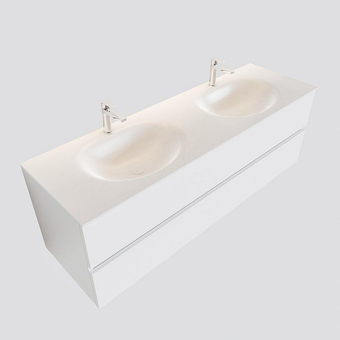 MONDIAZ VICA Ensemble de meuble salle de bain - 150cm - 2 tiroirs - lavabo Moon double - 2 trous de robinet - solid surface talc SW409730