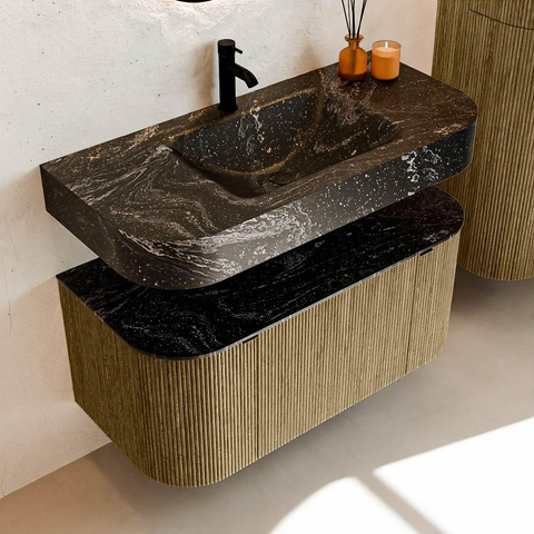 MONDIAZ THOR-DLUX 100cm meuble de salle de bains arrondi gauche + droite couleur Dusk avec 1 tiroir et 2 portes. Vasque suspendue CLOUD Milieu 1 trou de robinet couleur Lava. SW1467401