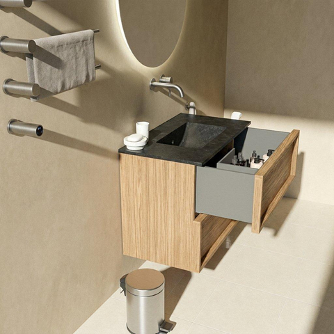 Saniclass Holz Frame Ensemble de meubles de salle de bains - 80x45x62cm - Vygo lavabo en céramique noir - 1 vasque - sans trou de robinet - 2 tiroirs - chêne natural mat (bois) SW1580004