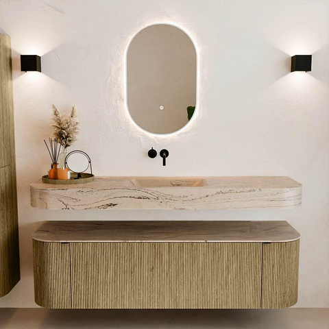 MONDIAZ THOR-DLUX 160cm meuble de salle de bains arrondi gauche + droite couleur Dusk avec 1 tiroir et 2 portes. Vasque suspendue CLOUD Milieu sans trou de robinet couleur Arena. SW1465131