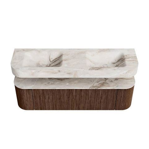 MONDIAZ THOR-DLUX 160cm meuble de salle de bains arrondi gauche + droite couleur Walnut avec 1 tiroir et 2 portes. Vasque suspendue CLOUD Double 2 trous de robinet couleur Frappe. SW1465023