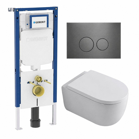 QeramiQ Dely Swirl Toiletset - 36.3x51.7cm - Geberit UP720 Duofix Sigma inbouwreservoir - 35mm zitting - gunmetal bedieningsplaat - ronde knoppen - glans wit SW1413876