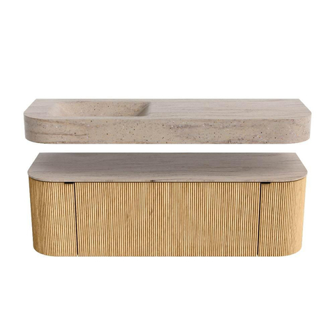 MONDIAZ THOR-DLUX 140cm badmeubel ronding links + rechts kleur Oak met 1 lade en 2 deuren. Vrijhangende wastafel CLOUD Links zonder kraangat kleur Saba. SW1464300