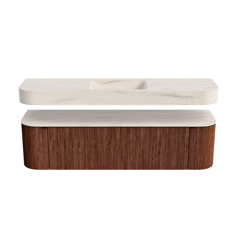 MONDIAZ THOR-DLUX 170cm meuble de salle de bains arrondi gauche + droite couleur Ruby avec 1 tiroir et 2 portes. Vasque suspendue CLOUD Milieu 1 trou de robinet couleur Meli. SW1465756