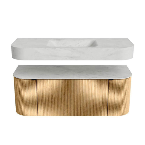 MONDIAZ THOR-DLUX 120cm meuble de salle de bains arrondi gauche + droite couleur Oak avec 1 tiroir et 2 portes. Vasque suspendue CLOUD Milieu sans trou de robinet couleur Opalo. SW1463079