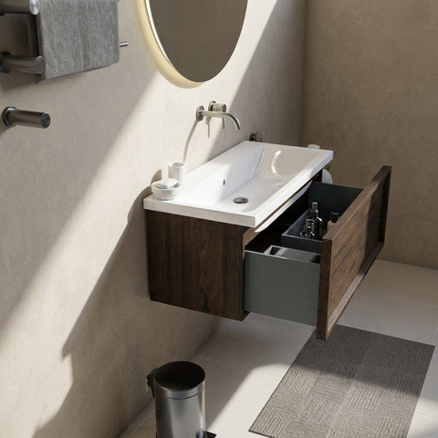 Saniclass Holz Frame Ensemble meuble de salle de bains - 100x45x43.5cm - Bari lavabo en céramique blanc - 1 vasque - sans trou de robinet - 1 tiroir - chêne charcoal mat (bois) SW1478748