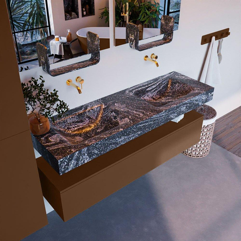 Mondiaz ALAN-DLUX Ensemble de meuble - 150cm - meuble Rust mat - 1 tiroir - Lavabo Cloud Lava suspendu - vasque Gauche et droite - 0 trous de robinet SW808341