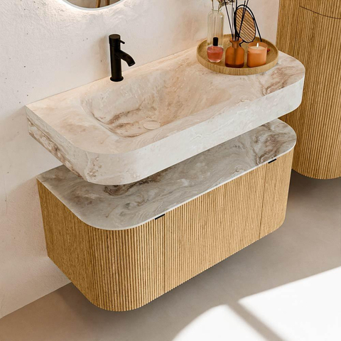 MONDIAZ THOR-DLUX Meuble de salle de bains 100cm arrondi gauche + droite couleur Oak avec 1 tiroir et 2 portes. Vasque suspendue CLOUD Gauche 1 trou de robinet couleur Frappe. SW1467297