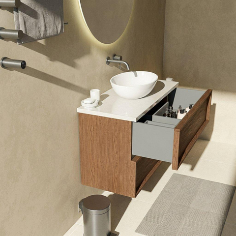 Saniclass Holz Frame Ensemble de meubles de salle de bains - 100x45x63cm - Plan en pierre naturelle travertin - sans trou de robinet - 2 tiroirs - walnut pure mat (bois) SW1580035