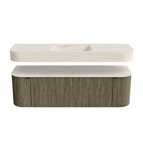 MONDIAZ THOR-DLUX 150cm meuble de salle de bains arrondi gauche + droite couleur Shadow avec 1 tiroir et 2 portes. Vasque suspendue CLOUD Milieu sans trou de robinet couleur Meli. SW1464768