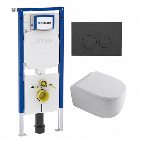 QeramiQ Dely Swirl Pack WC - 36,3x51,7cm - réservoir encastré Geberit UP720 Duofix Sigma - assise 35mm - plaque de déclenchement mat anthracite - boutons ronds - blanc brillant SW1413159