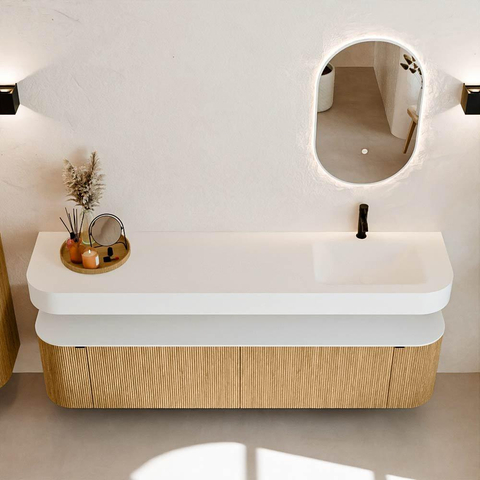 MONDIAZ THOR 190cm meuble de salle de bains arrondi gauche + droite couleur Oak avec 2 tiroirs et 2 portes. Vasque suspendue CLOUD Droite 1 trou de robinet couleur Talc. SW1466358