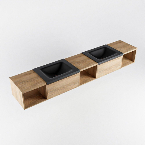 MONDIAZ BUKLA 240cm meuble de salle de bains avec module ouvert 40 L+M+R couleur Washed Oak avec 2 tiroirs. Lavabo CLOUD double 0 trous de robinet couleur Urban. SW1382357