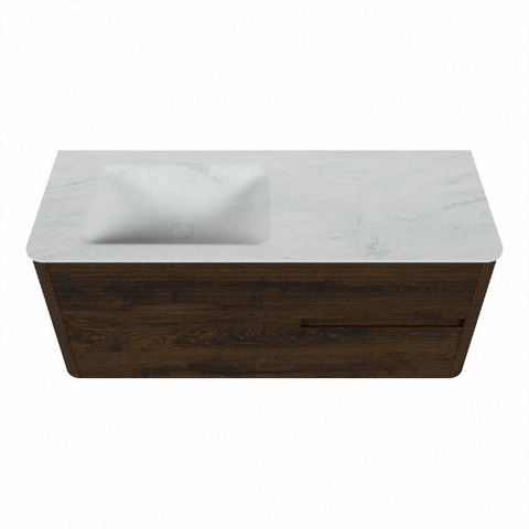 Mondiaz CIRO-DLUX Badkamermeubelset - 120x45x50cm - Solid surface wastafel Opalo - 1 wasbak Links - 1 kraangat - 2 lades - Walnut SW1530508