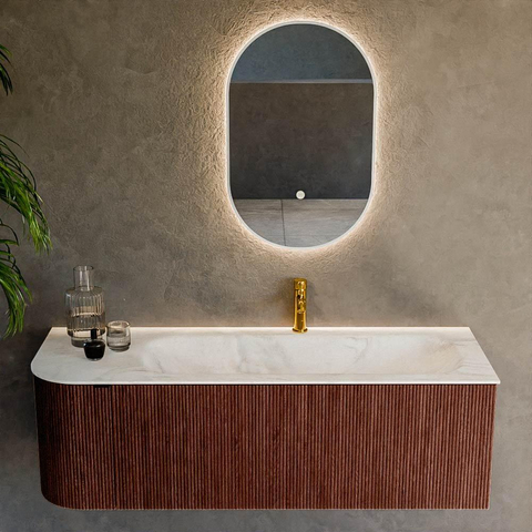 Mondiaz KURVE-DLUX Ensemble de meuble de salle de bains - 135x46x40cm - 1 tiroir - 1 porte - vasque solid surface - droite - 1 trou de robinet - Ruby SW1415861