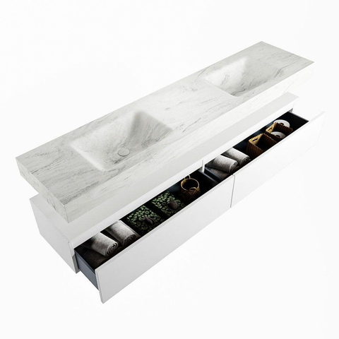 Mondiaz ALAN-DLUX Ensemble de meuble - 200cm - meuble Talc mat - 2 tiroirs - Lavabo Cloud Opalo suspendu - vasque Gauche et droite - 2 trous de robinet SW806498