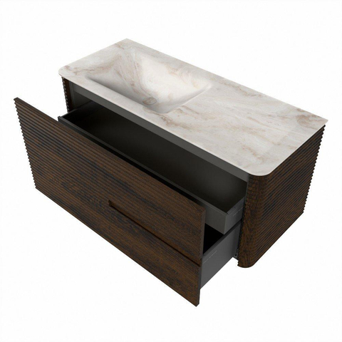 Mondiaz CIRO-DLUX Ensemble de meubles de salle de bains - 110x45x50cm - lavabo solid surface Frappe - 1 vasque à gauche - 1 trou de robinet - 2 tiroirs - Noyer SW1530291