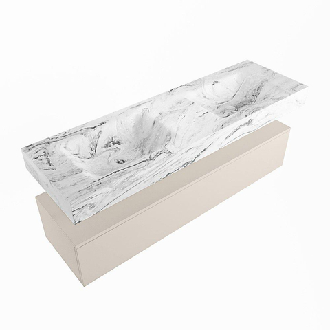 Mondiaz ALAN-DLUX Ensemble de meuble - 150cm - meuble Linen mat - 1 tiroir - Lavabo Cloud Glace suspendu - vasque Gauche et droite - 2 trous de robinet SW805986