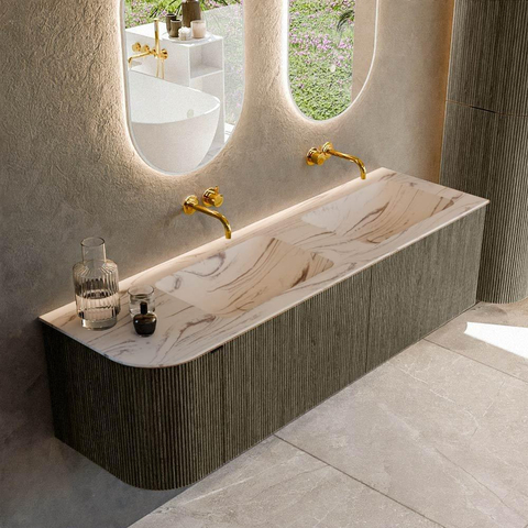 MONDIAZ KURVE-DLUX Meuble de salle de bains 155 cm arrondi à gauche couleur Shadow avec 2 tiroirs et 1 porte. Lavabo LEAF Double / à droite sans trou de robinet Nata. SW1432332