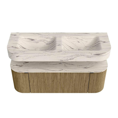 MONDIAZ THOR-DLUX 130cm meuble de salle de bains arrondi gauche + droite couleur Dusk avec 1 tiroir et 2 portes. Vasque suspendue CLOUD Double sans trou de robinet couleur Nata. SW1463880