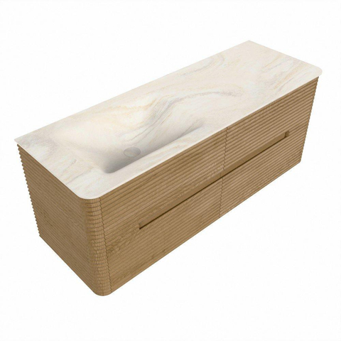 Mondiaz CIRO-DLUX Meuble de salle de bains - 130x45x50cm - Plan-vasque en solid surface Ostra - 1 vasque à gauche - sans trous de robinet - 4 tiroirs - Chêne SW1530921