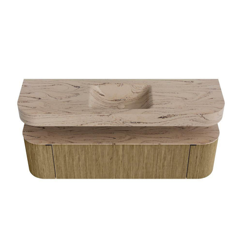 MONDIAZ THOR-DLUX 160cm meuble de salle de bains arrondi gauche + droite couleur Dusk avec 1 tiroir et 2 portes. Vasque suspendue CLOUD Milieu sans trou de robinet couleur Arena. SW1465131