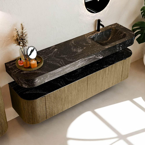 MONDIAZ THOR-DLUX 180cm meuble de salle de bains arrondi gauche + droite couleur Dusk avec 2 tiroirs et 2 portes. Vasque suspendue CLOUD Droite 1 trou de robinet couleur Lava. SW1466002