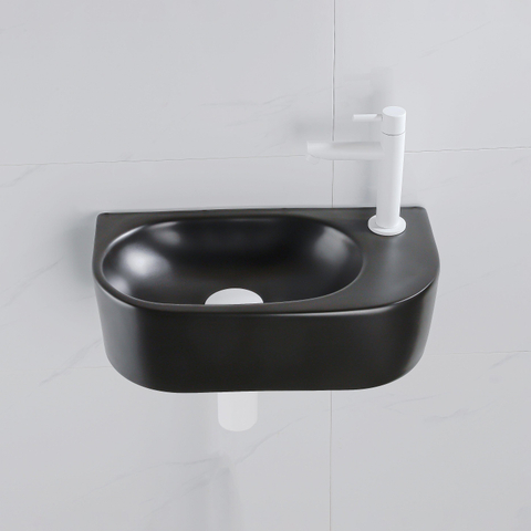 QeramiQ Fuente pack lave-mains – demi-rond – 40 x 21,5 x 12 cm – céramique noir mat – robinet blanc mat SW1232805