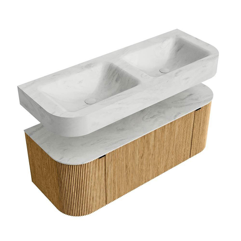 MONDIAZ THOR-DLUX 120cm meuble de salle de bains arrondi gauche + droite couleur Oak avec 1 tiroir et 2 portes. Vasque suspendue CLOUD Double sans trou de robinet couleur Opalo. SW1463068