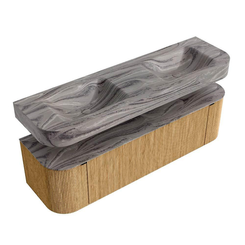 MONDIAZ THOR-DLUX 160cm meuble de salle de bains arrondi gauche + droite couleur Oak avec 1 tiroir et 2 portes. Vasque suspendue CLOUD Double sans trou de robinet couleur Sombra. SW1465364