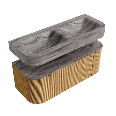 MONDIAZ THOR-DLUX 120cm badmeubel ronding links + rechts kleur Oak met 1 lade en 2 deuren. Vrijhangende wastafel CLOUD Dubbel 2 kraangaten kleur Sombra. SW1463640