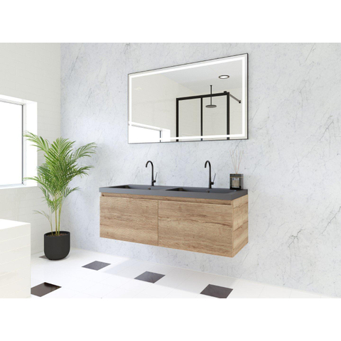 H&R Badmeubelen Matrix 3D badkamermeubelset 120cm 2 laden greeploos met greeplijst in kleur French oak met wasbak djazz dubbel 2 kraangaten zwart mat SW857095