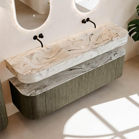 MONDIAZ THOR-DLUX Meuble de salle de bains - 170cm - arrondi gauche + droite - couleur Shadow - 1 tiroir - 2 portes - Vasque suspendue CLOUD Double sans trou de robinet - couleur Glace SW1465530
