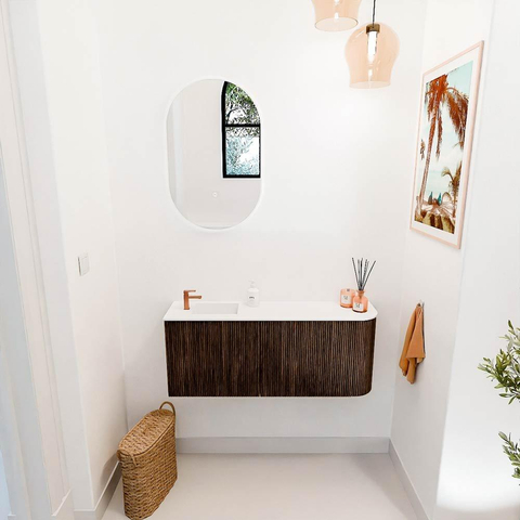 Mondiaz JOYA 101.6cm toiletmeubel - ronding rechts kleur Walnut - Wastafel FAYE positie Links 1 kraangat kleur Talc. SW1421279