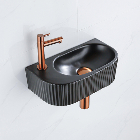 QeramiQ Fuente fonteinset – halfrond – 40x21.5x12 cm – keramiek zwart mat – kraangat links – geribbeld SW1233042