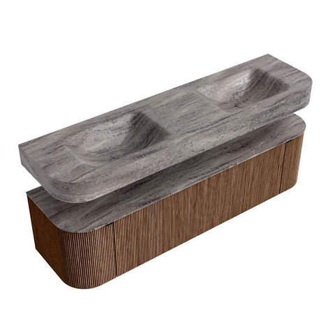 MONDIAZ THOR-DLUX 170cm badmeubel ronding links + rechts kleur Walnut met 1 lade en 2 deuren. Vrijhangende wastafel CLOUD Dubbel zonder kraangat kleur Oza. SW1465671