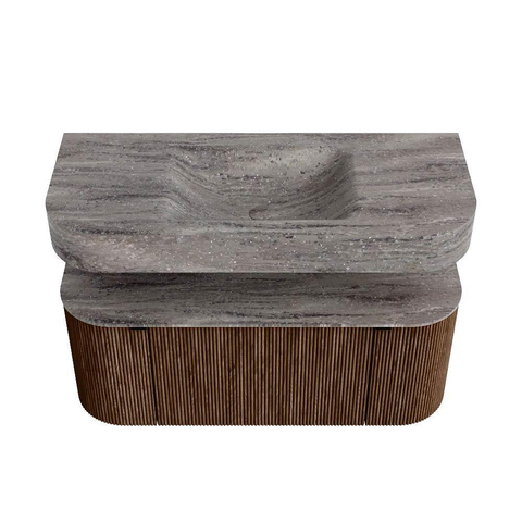 MONDIAZ THOR-DLUX 110cm badmeubel ronding links + rechts kleur Walnut met 1 lade en 2 deuren. Vrijhangende wastafel CLOUD Midden 1 kraangat kleur Oza. SW1462972
