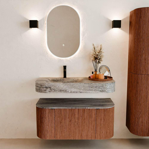 MONDIAZ THOR-DLUX 100cm meuble de salle de bains arrondi gauche + droite couleur Ruby avec 1 tiroir et 2 portes. Vasque suspendue CLOUD Gauche 1 trou de robinet couleur Oza. SW1467542