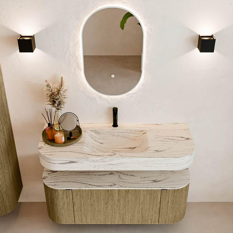 MONDIAZ THOR-DLUX Meuble de salle de bains 120cm arrondi gauche + droite couleur Dusk avec 1 tiroir et 2 portes. Vasque suspendue CLOUD Milieu 1 trou de robinet couleur Nata. SW1463403