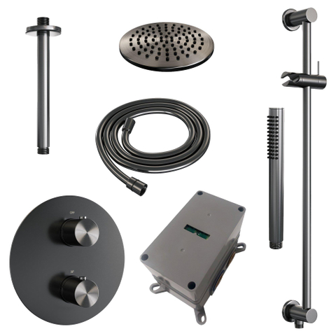 BRAUER Gunmetal Edition thermostatische Inbouw Regendouche - 3-weg - rond - set 89 - 20cm hoofddouche - plafondarm - staaf handdouche - doucheslang - geïntegreerde glijstang - gunmetal geborsteld PVD SW1159098
