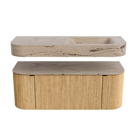 MONDIAZ THOR-DLUX 120cm meuble de salle de bains arrondi gauche + droite couleur Oak avec 1 tiroir et 2 portes. Vasque suspendue CLOUD droite sans trou de robinet couleur Arena. SW1463435