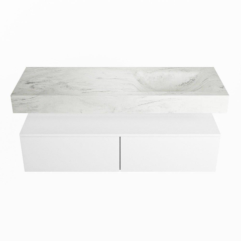 Mondiaz ALAN-DLUX Ensemble de meuble - 130cm - meuble Talc mat - 2 tiroirs - Lavabo Cloud Opalo suspendu - vasque Droite - 1 trou de robinet SW806261