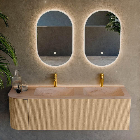 MONDIAZ KURVE-DLUX 145cm badmeubel ronding Links kleur Oak met 1 lade en 1 deur. Wastafel LEAF Dubbel / Rechts 2 kraangaten Saba. SW1433107