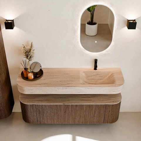 MONDIAZ THOR-DLUX 150cm badmeubel ronding links + rechts kleur Walnut met 1 lade en 2 deuren. Vrijhangende wastafel CLOUD Rechts 1 kraangat kleur Saba. SW1464887
