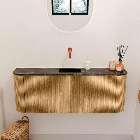 Mondiaz JOYA-DLUX 113.2cm toiletmeubel - ronding links en rechts kleur Oak - Wastafel FAYE positie Midden Zonder kraangat kleur Lava. SW1422138