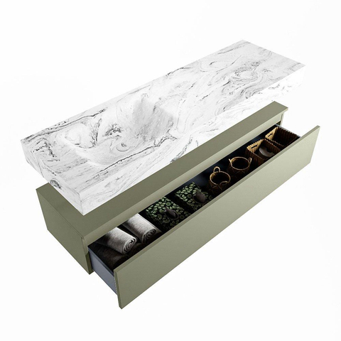 Mondiaz ALAN-DLUX Ensemble de meuble - 150cm - meuble Army mat - 1 tiroir - Lavabo Cloud Glace suspendu - vasque Gauche - 1 trou de robinet SW806069