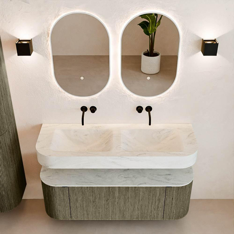 MONDIAZ THOR-DLUX 130cm meuble de salle de bains arrondi gauche + droite couleur Shadow avec 1 tiroir et 2 portes. Vasque suspendue CLOUD Double sans trou de robinet couleur Opalo. SW1463773