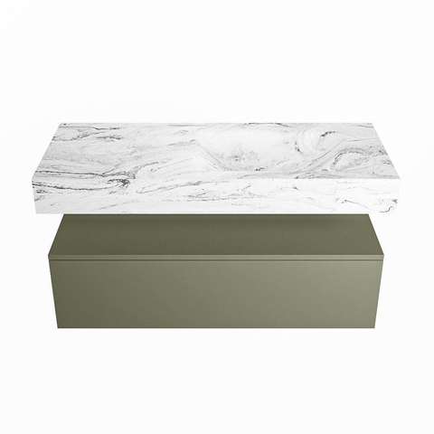 Mondiaz ALAN-DLUX Ensemble de meuble - 110cm - meuble Army mat - 1 tiroir - Lavabo Cloud Glace suspendu - vasque Droite - 0 trous de robinet SW806160