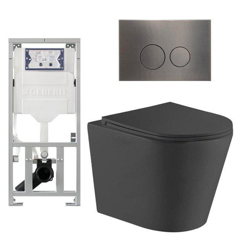 QeramiQ Dely Toiletset - 36.3x51.7cm - diepspoel - rimless - Geberit UP320 inbouwreservoir - met Burda frame - softclose toiletzitting - gunmetal bedieningsplaat - ronde knoppen - mat zwart SW804627